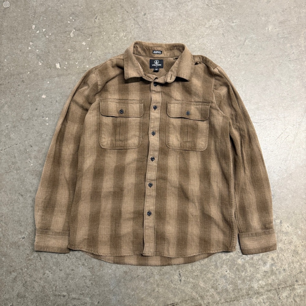 Volcom Mens Small Brown Ombre Plaid Flannel Button Down Shirt Classic Fit